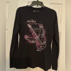 Hard Rock Cafe Black Sparkly Guitar Long-sleeved 100% Cotton Tee